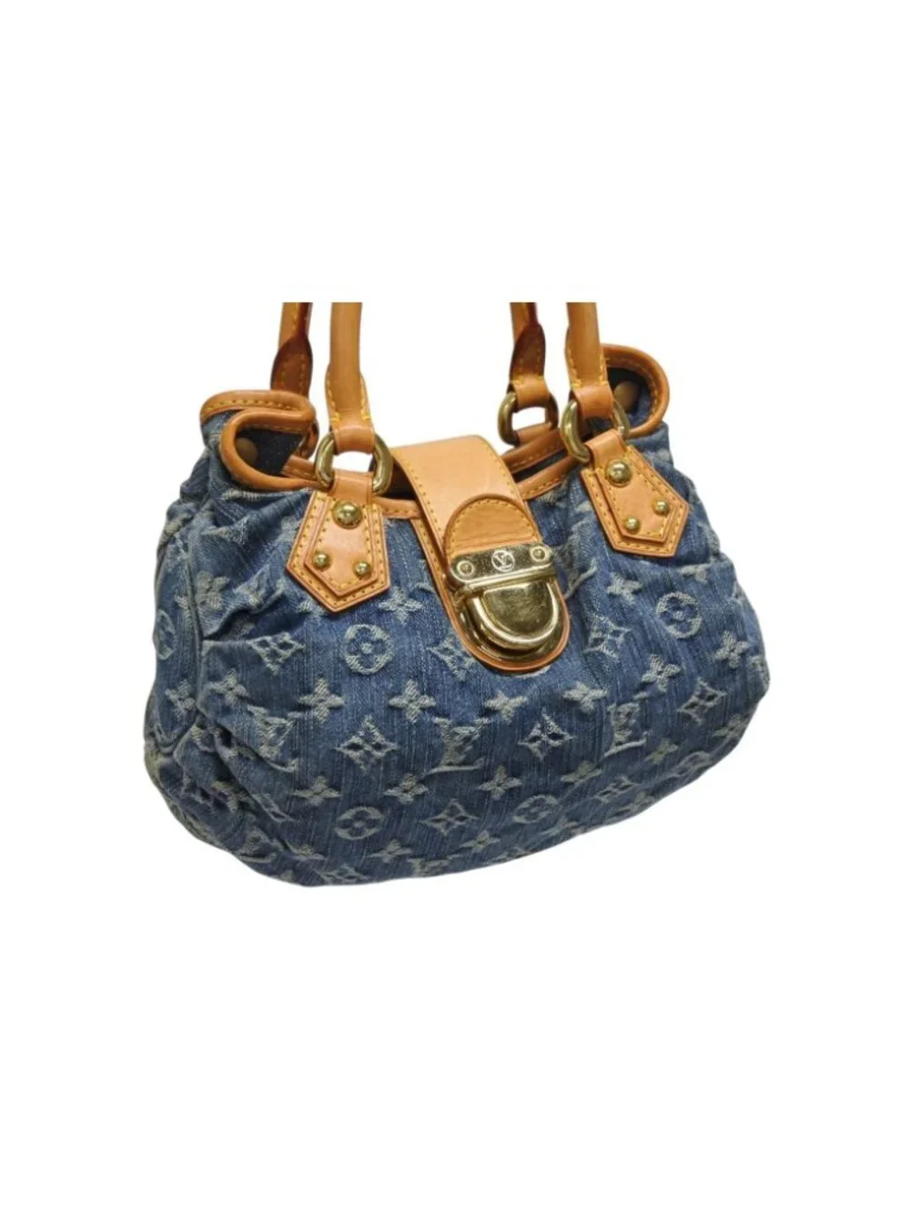 Louis Vuitton Pleaty Handbag Monogram Denim Leather Blue Gold